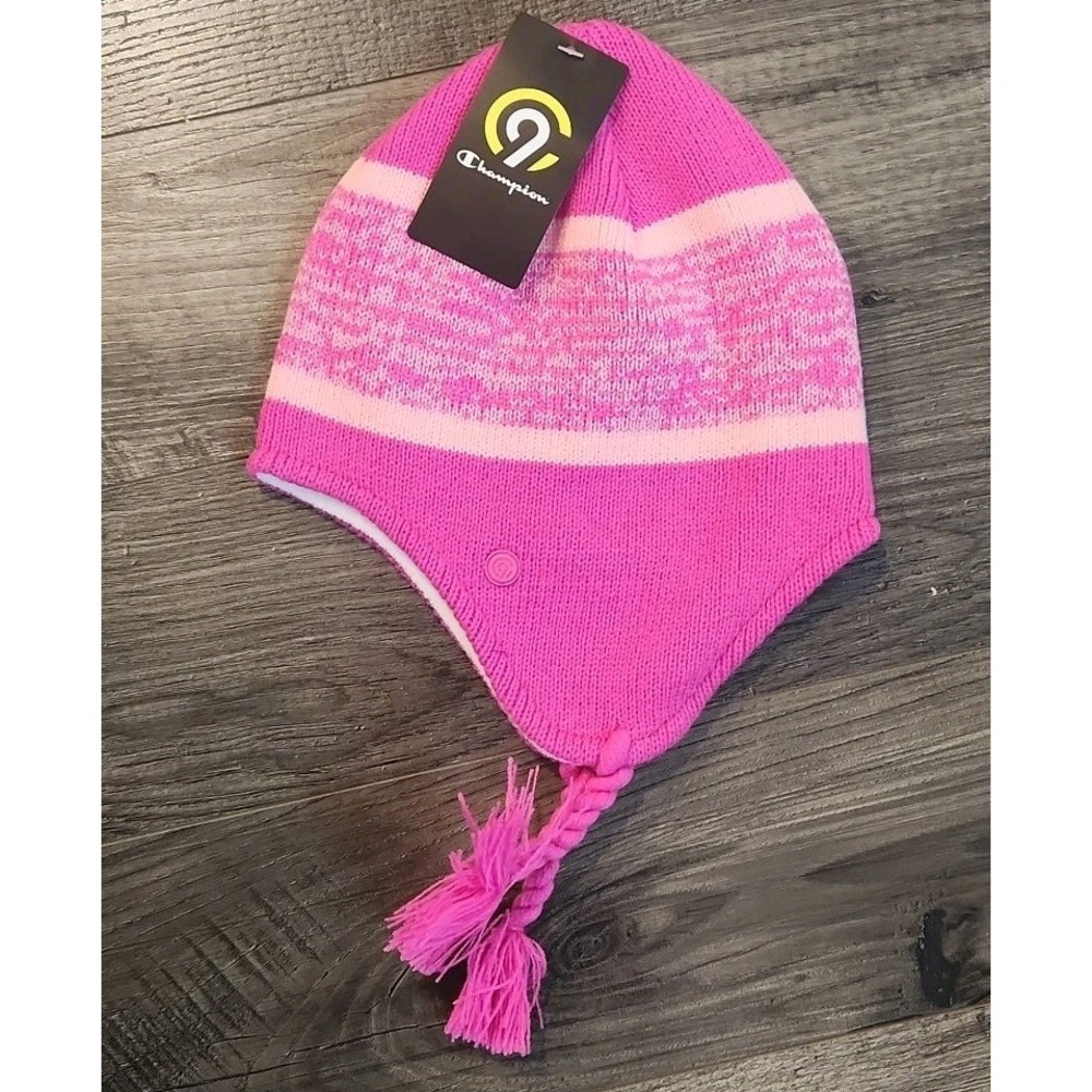 NWT Champion Logo Knit Beanie One Size Pink Color Braided Ear Flaps